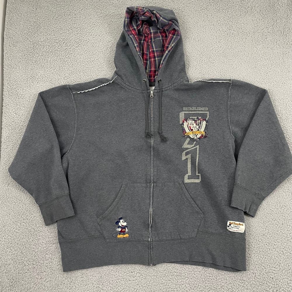 Disney Parks Walt Disney World Mickey Mouse Hoodie 3XL Gray Y2K Patch Full Zip